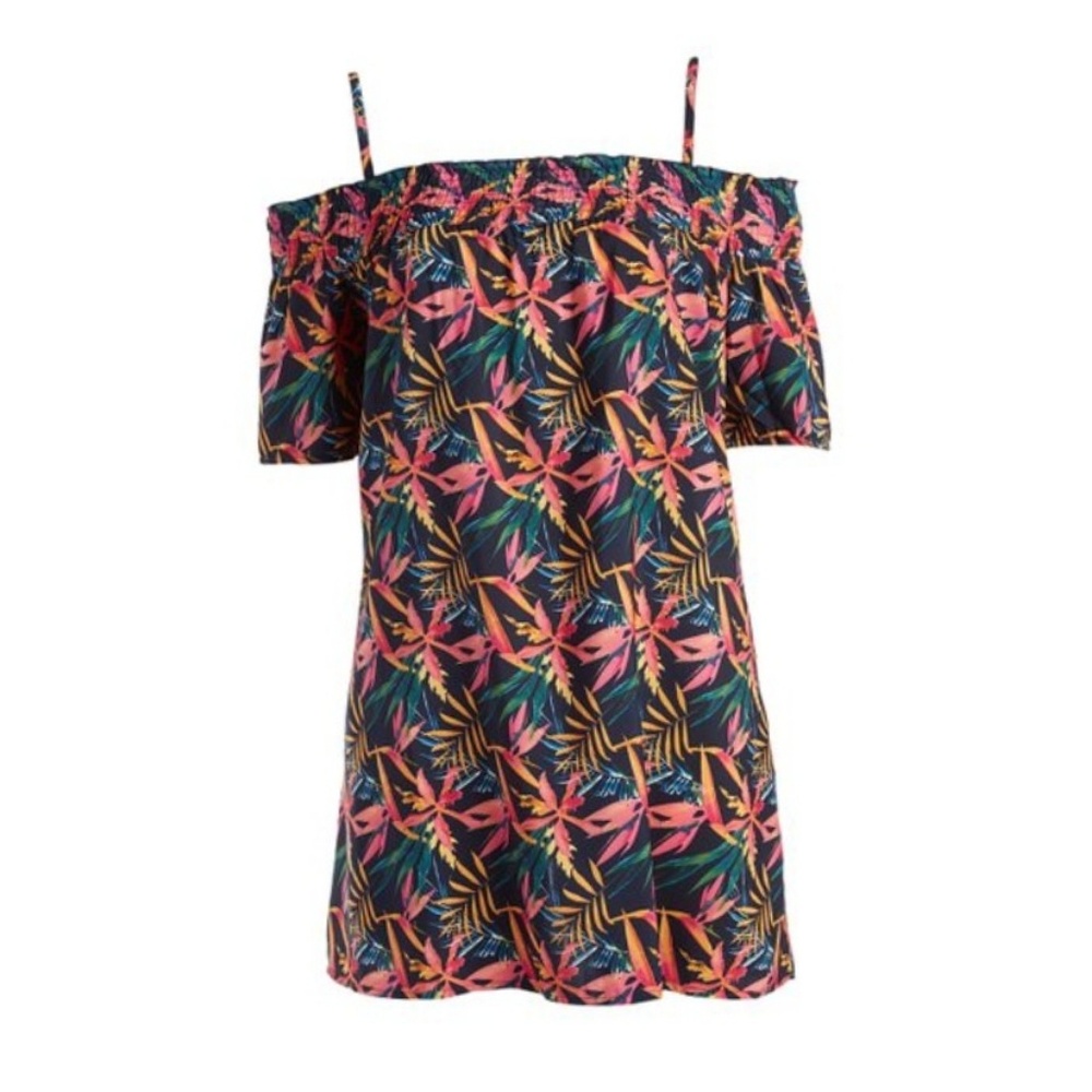 Navy Tropical Floral Smocked Off-Shoulder Dress